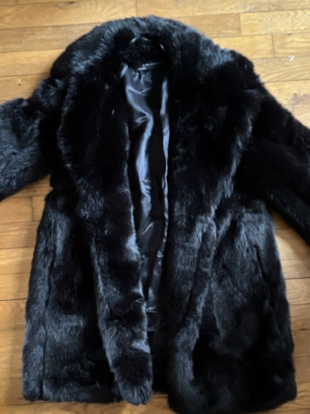 ZARA WOMAN Black Faux Fur Coat, Collared Mid-Length Long Sleeve, Size S